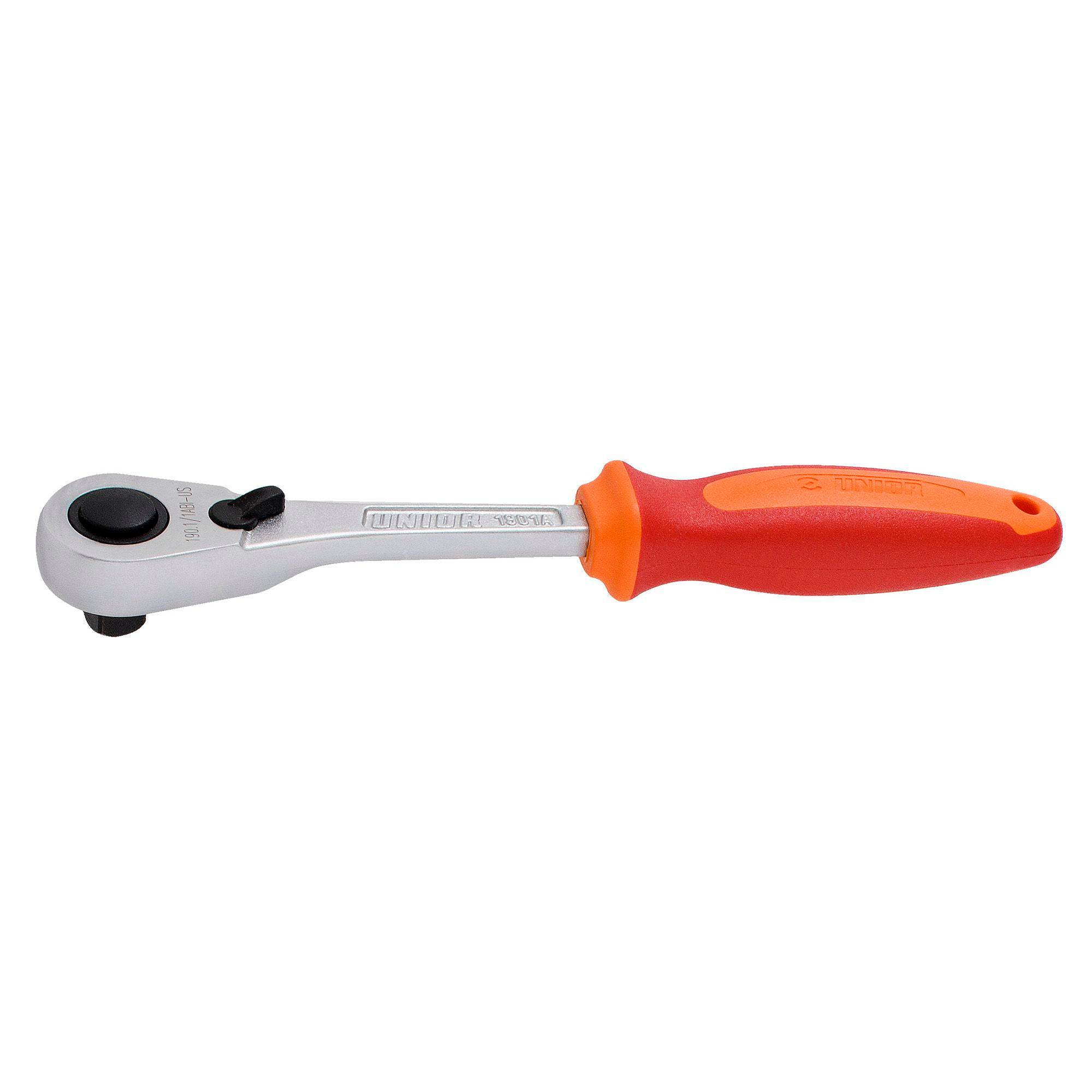 UNIOR 1/2-inch reversible ratchet wrench with quick-release and safety lock, 260mm workshop tool, used for mechanical tasks
