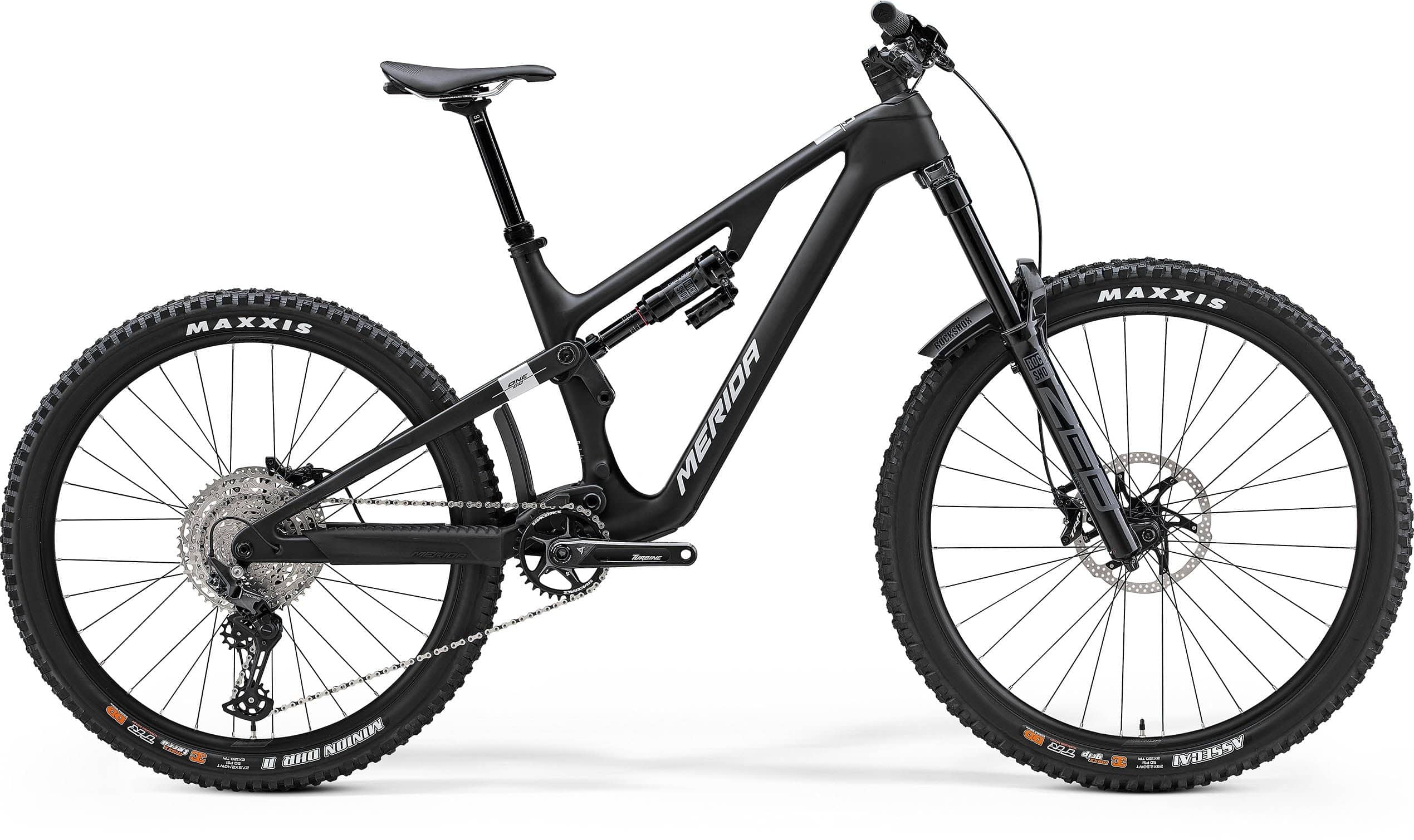 Black Merida One-Sixty 6000 MY24 enduro mountain bike with adjustable suspension, viewed from the side.