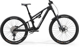 Black Merida One-Sixty 6000 MY24 enduro mountain bike with adjustable suspension, viewed from the side.