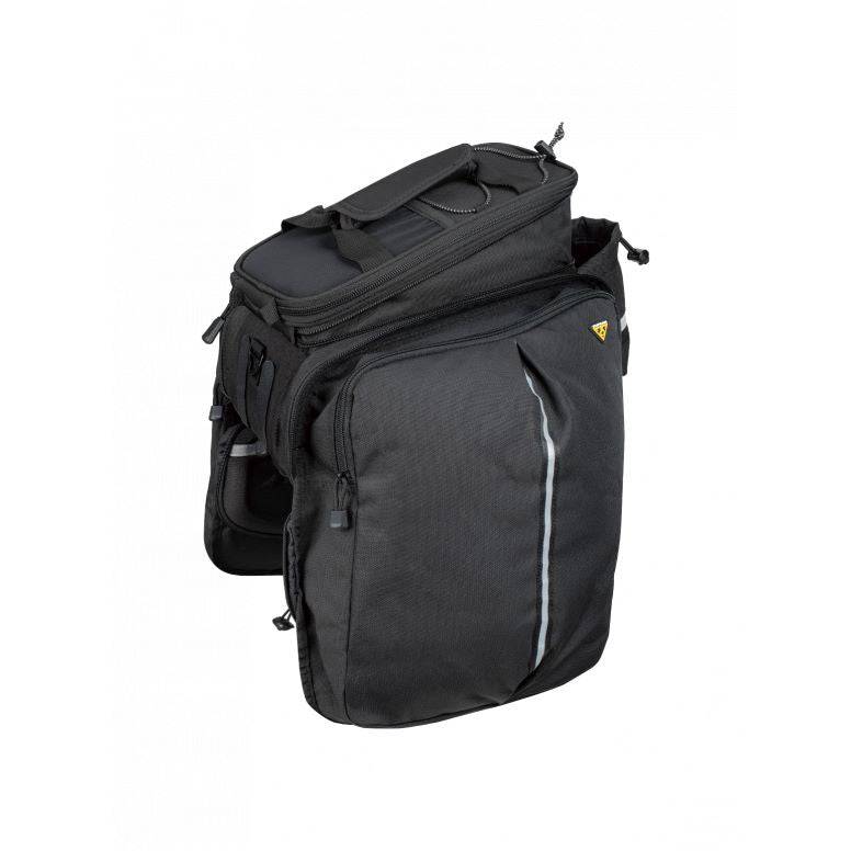 Topeak MTM TrunkBag DXP black bike rack bag with water bottle holder, weather-resistant and expandable for cycling accessories.