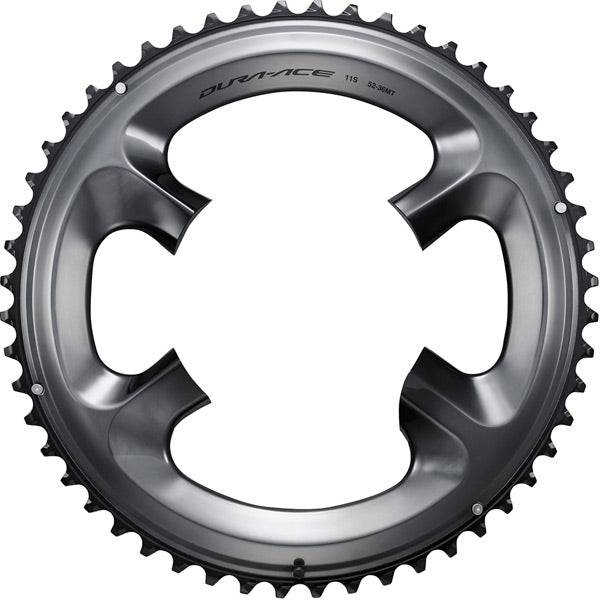 Shimano Dura-Ace FC-R9100 52T outer chainring for 11-speed cranksets, close-up of polished metal gear with teeth.