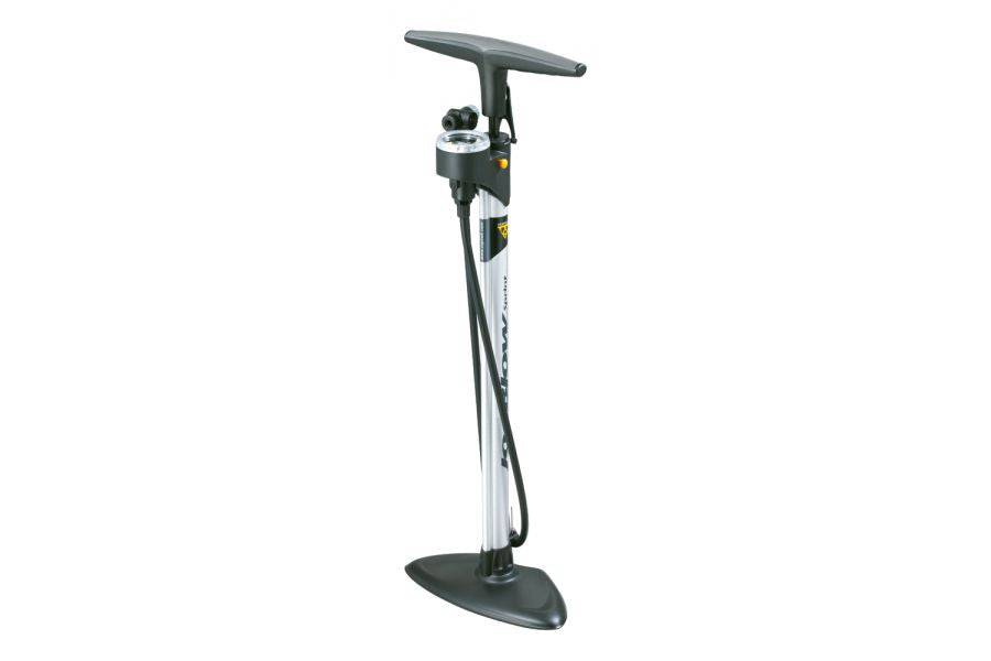 Topeak JoeBlow Sprint floor pump in silver and black with pressure gauge and TwinHead valve for bicycle inflation