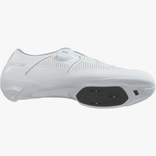Shimano RC3W women's road cycling shoes with BOA L6 dial and reflective prints, showcasing black shoes with sleek design.
