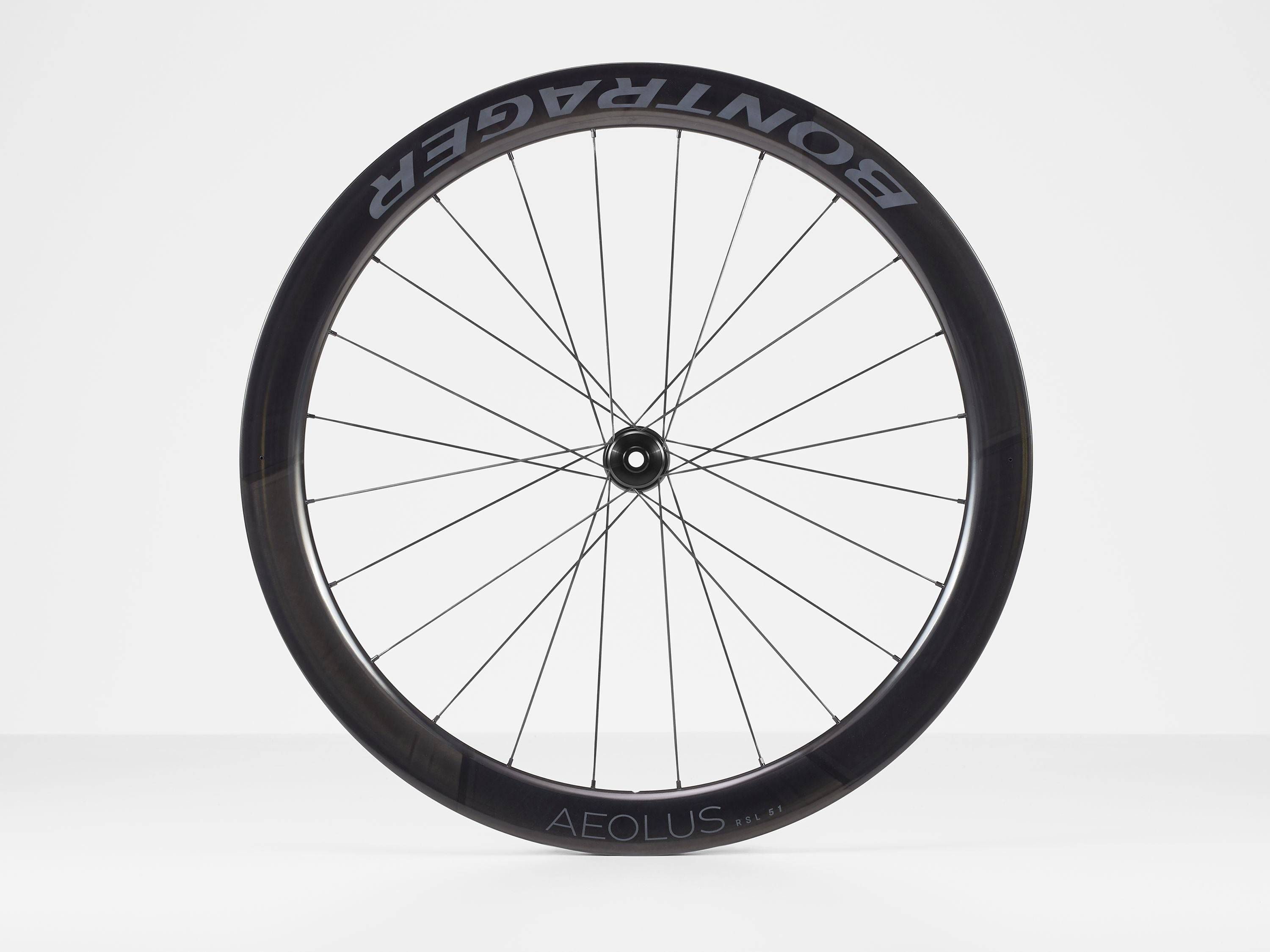 Bontrager Aeolus RSL 51 TLR disc road wheelset with tubeless-ready carbon aero rims and spokes, designed for high-performance cycling.