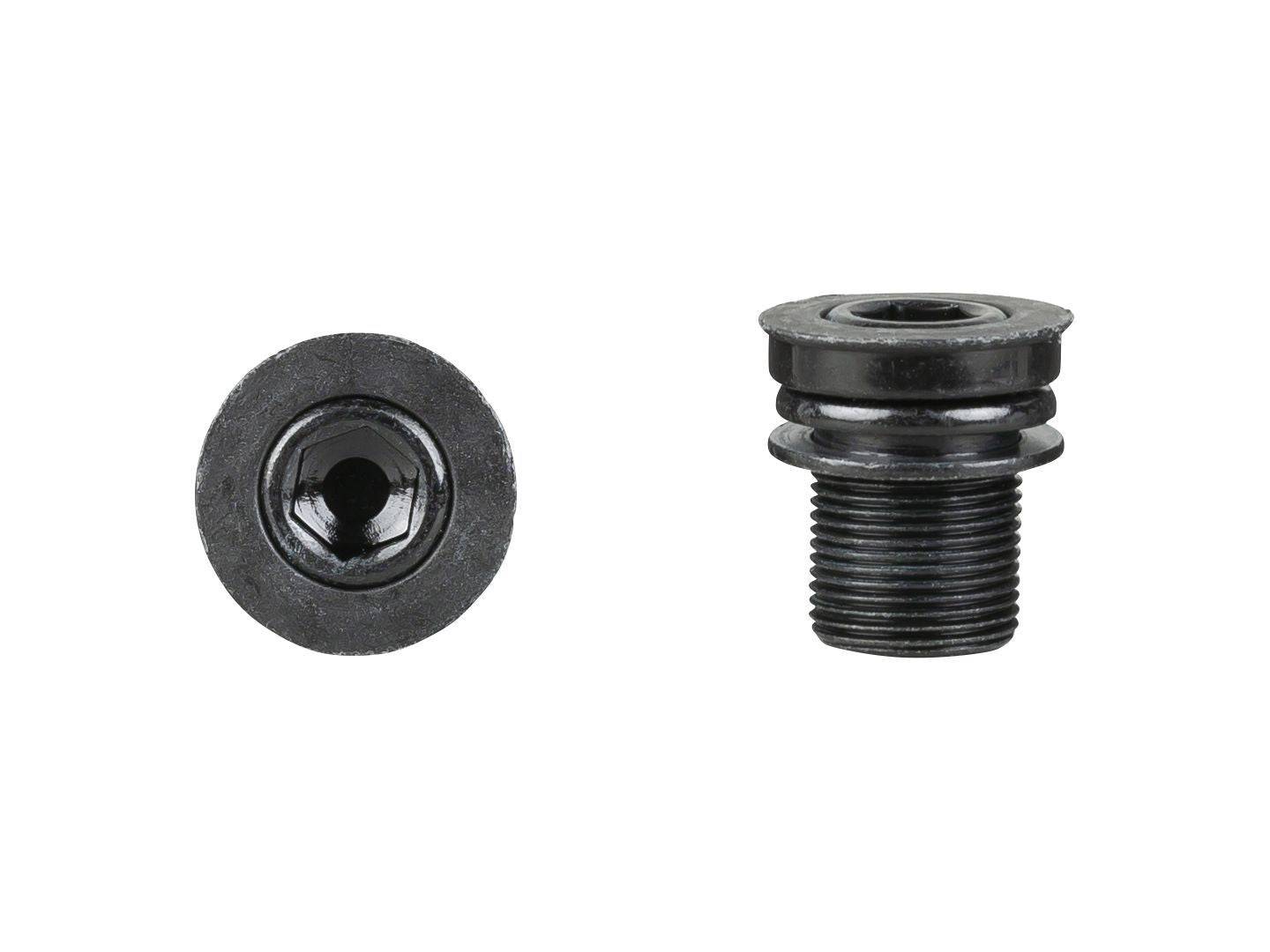 Trek Prowheel black crankarm bolts M15 x 22.5mm for bike drivetrain, shown installed on black crankarm.