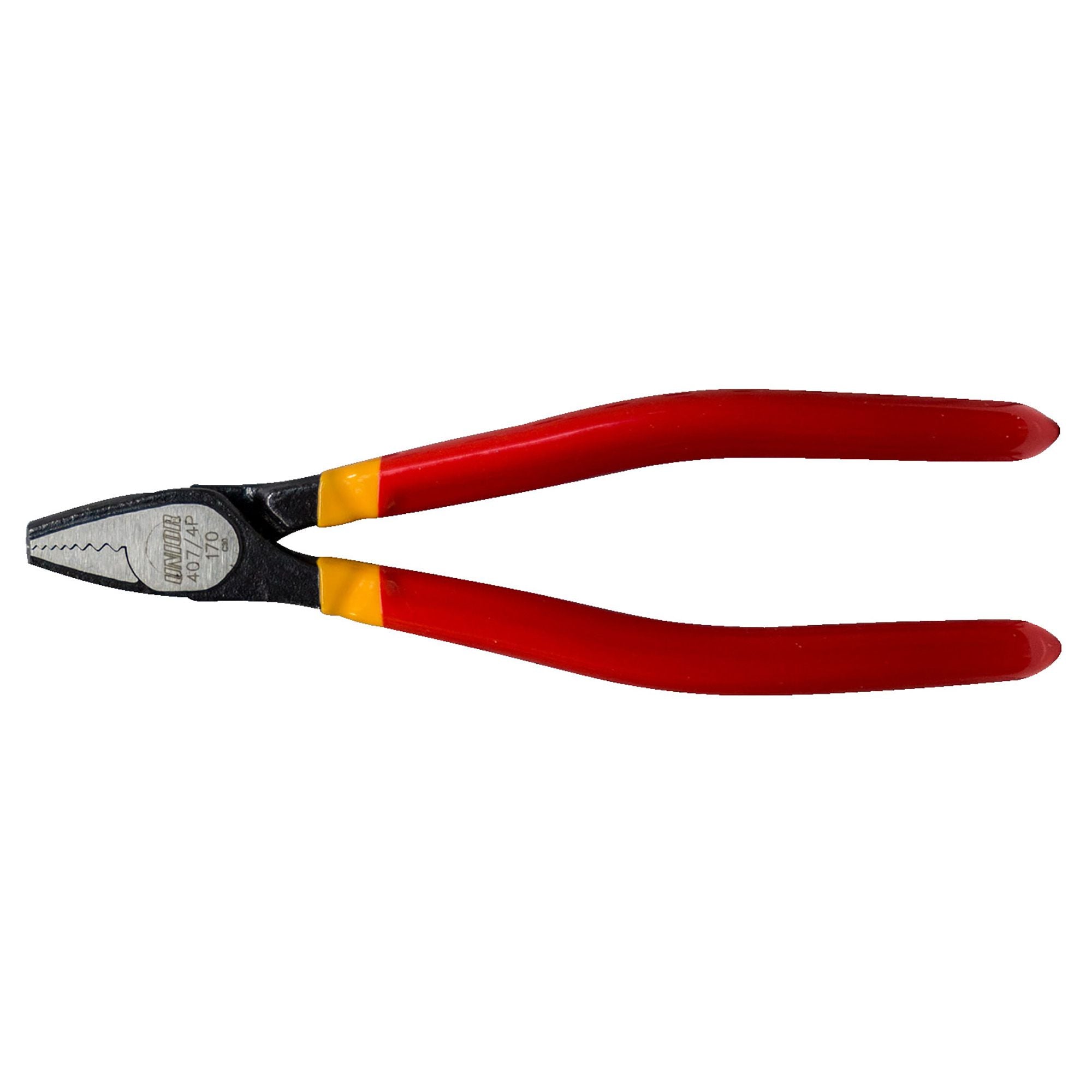 UNIOR 170mm screw grabbing pliers with vertical serrations in red for workshop use, ideal for removing stripped screws.