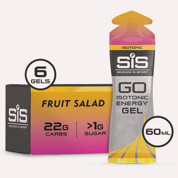 Box of 6 Science In Sport GO Energy Gels in Fruit Salad flavor, convenient sports nutrition accessories for energy boost.