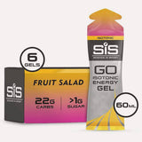 Box of 6 Science In Sport GO Energy Gels in Fruit Salad flavor, convenient sports nutrition accessories for energy boost.