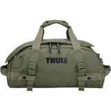 Thule Chasm 30L Recycled Duffel Bag with convertible straps, showing durable fabric and spacious design for travel accessories.