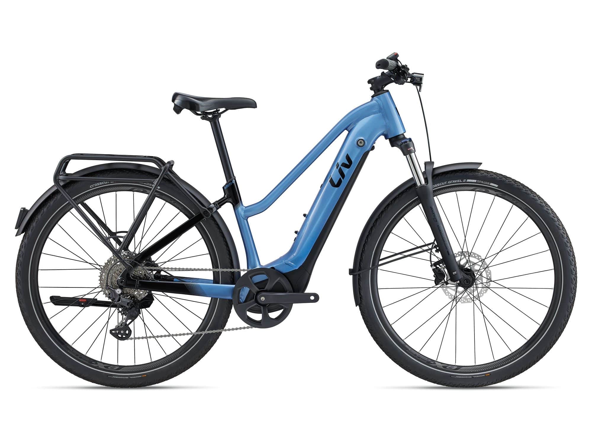 Liv Amiti E+ 1 women's 2023 e-hybrid bike with Shimano Deore disc brakes, shown with sleek frame and advanced braking system.