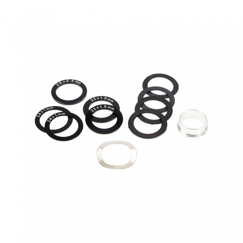 Enduro Bearings spacer kit for SRAM GXP and DUB bottom brackets, showing various metal spacers and components for bike maintenance.