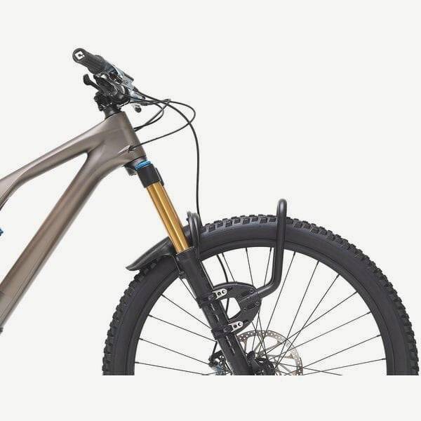 Aeroe Spider front rack for MTB and eMTB bikes with quick-release system, mounted on a mountain bike for carrying gear.