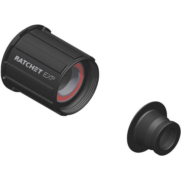 DT Swiss Ratchet EXP freehub conversion kit for Shimano MTB, featuring 142/12mm BOOST compatible components on a bike hub
