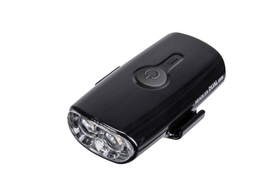 Topeak Headlux Dual Black Helmet Light with front and rear LEDs, waterproof, USB rechargeable, 140/10 lumens for safety and visibility.