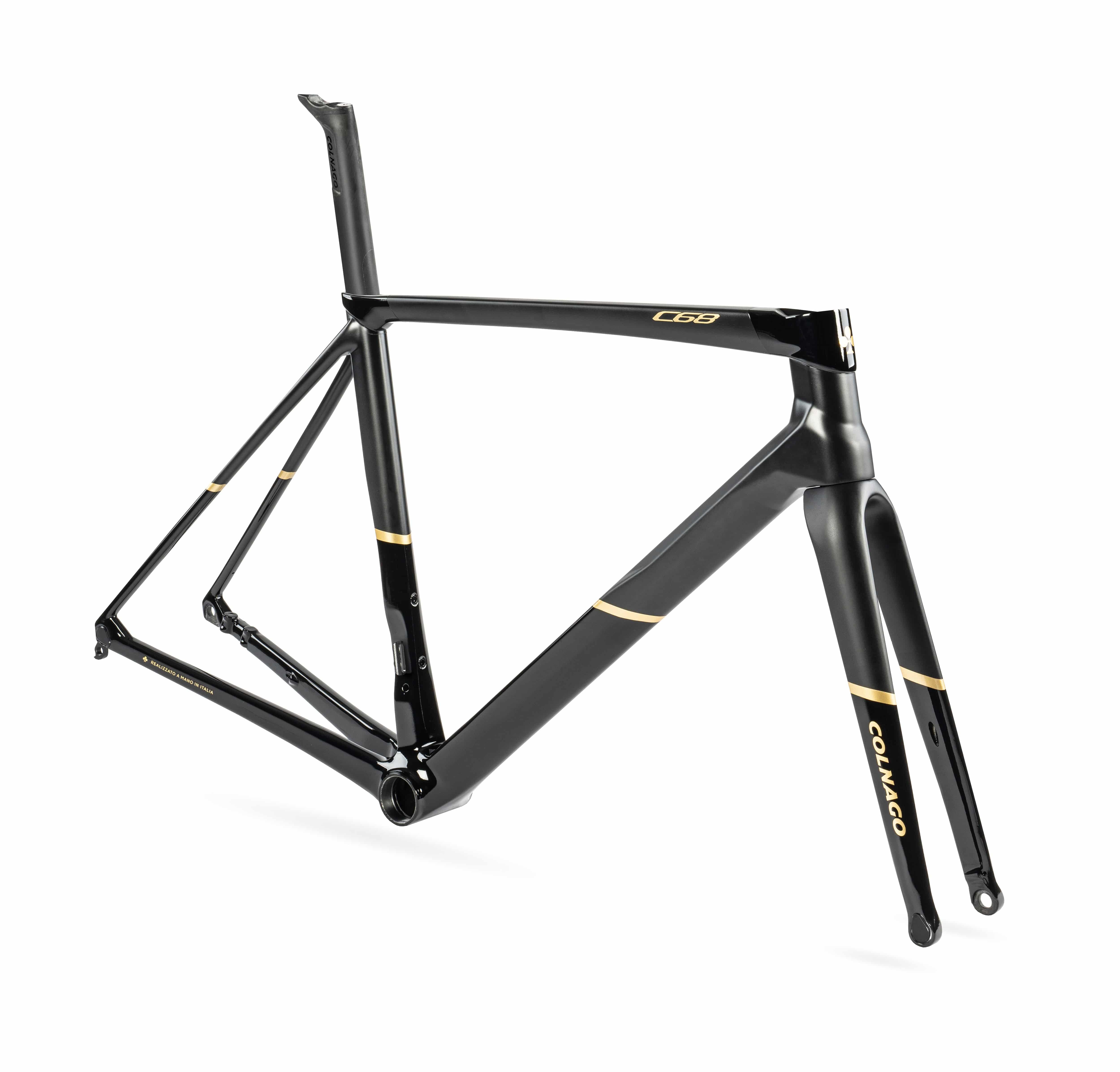 Colnago C68-Ti Disc 2025 carbon road bike frame set with titanium lugs, showing sleek black frame and detailed titanium joints.
