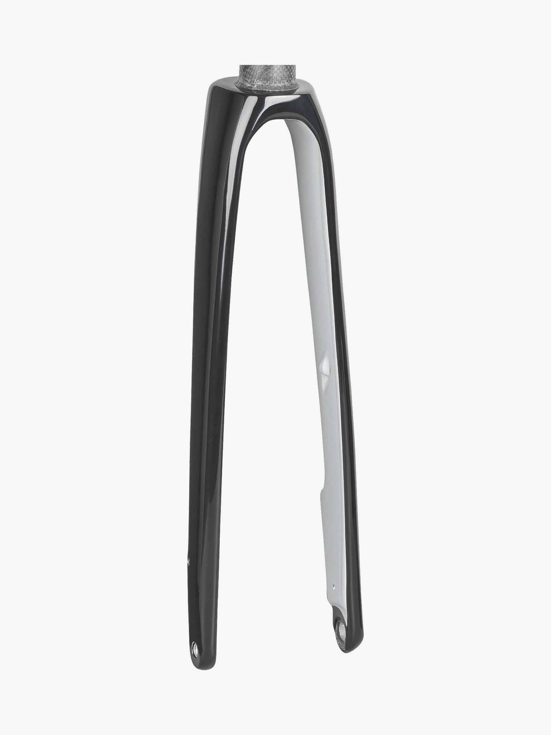Trek Domane SLR 7 700C road bike forks, lightweight carbon components for precise steering and control on a Trek road bike.