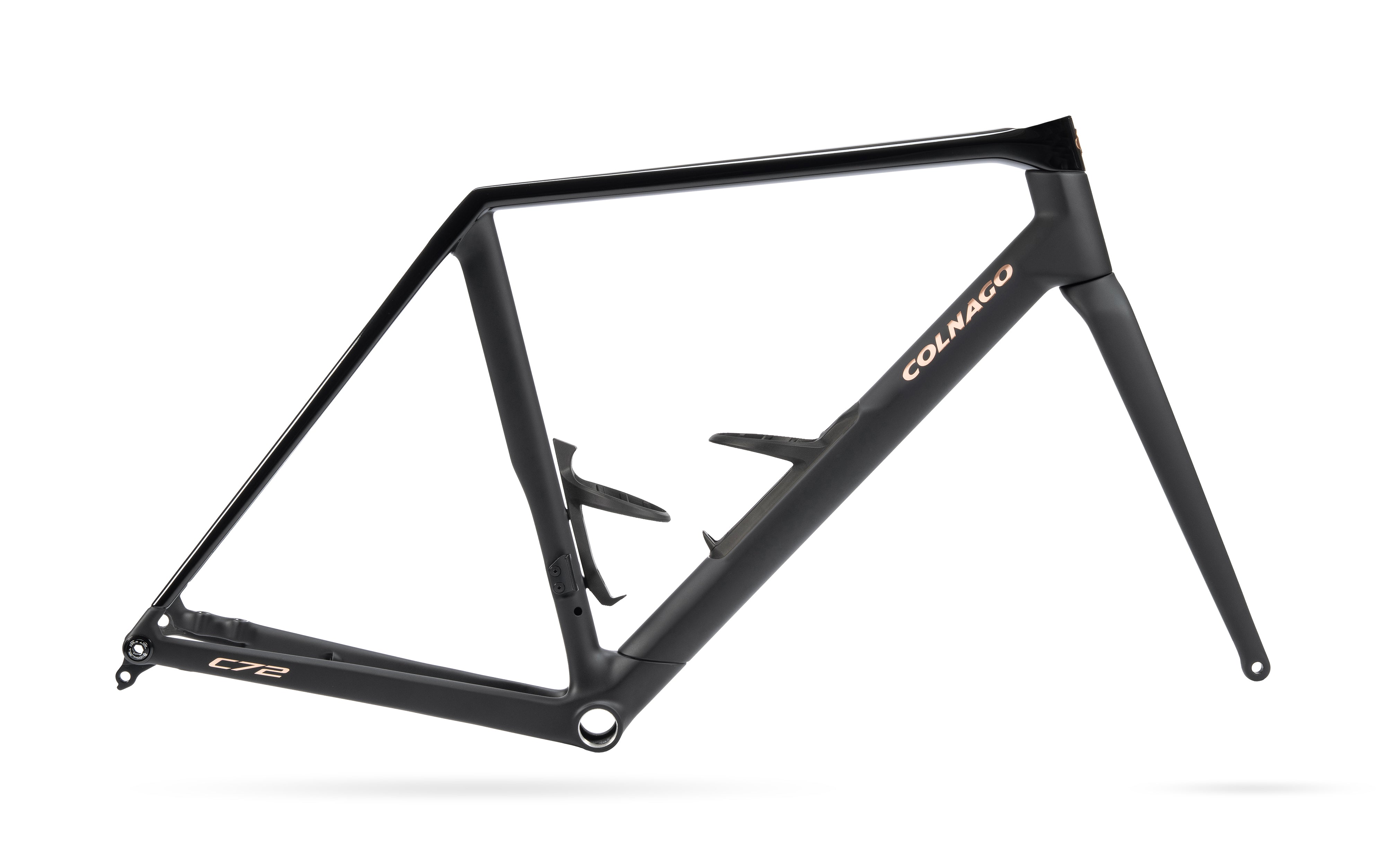 Colnago C72 Disc 2026 carbon road race frameset with integrated cockpit and aerodynamic seatpost, showcasing sleek frame details.
