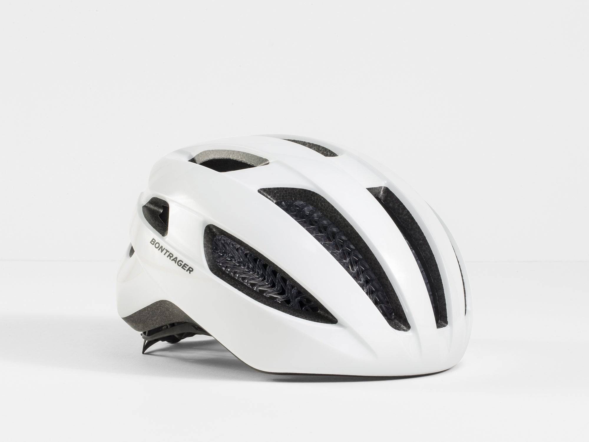 Bontrager Starvos WaveCel cycling helmet with Headmaster fit system, safety rating, and adjustable straps on a mannequin head.