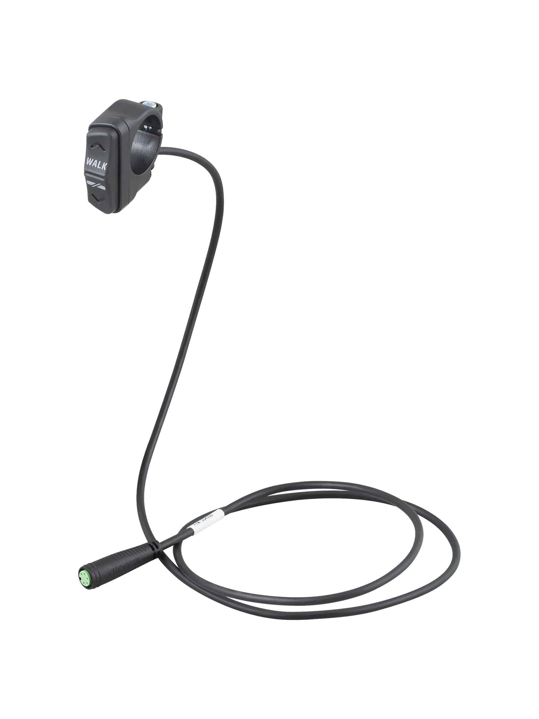 Black TQ HPR50 remote with cable for TQ e-bike systems, showing the compact control unit and cable connection.
