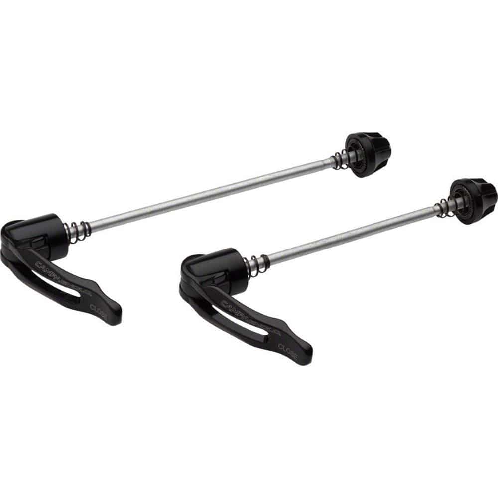 Campagnolo black quick release skewers for Bullet, Zonda, and Scirocco wheelsets, showing the sleek metal design and lever mechanism.
