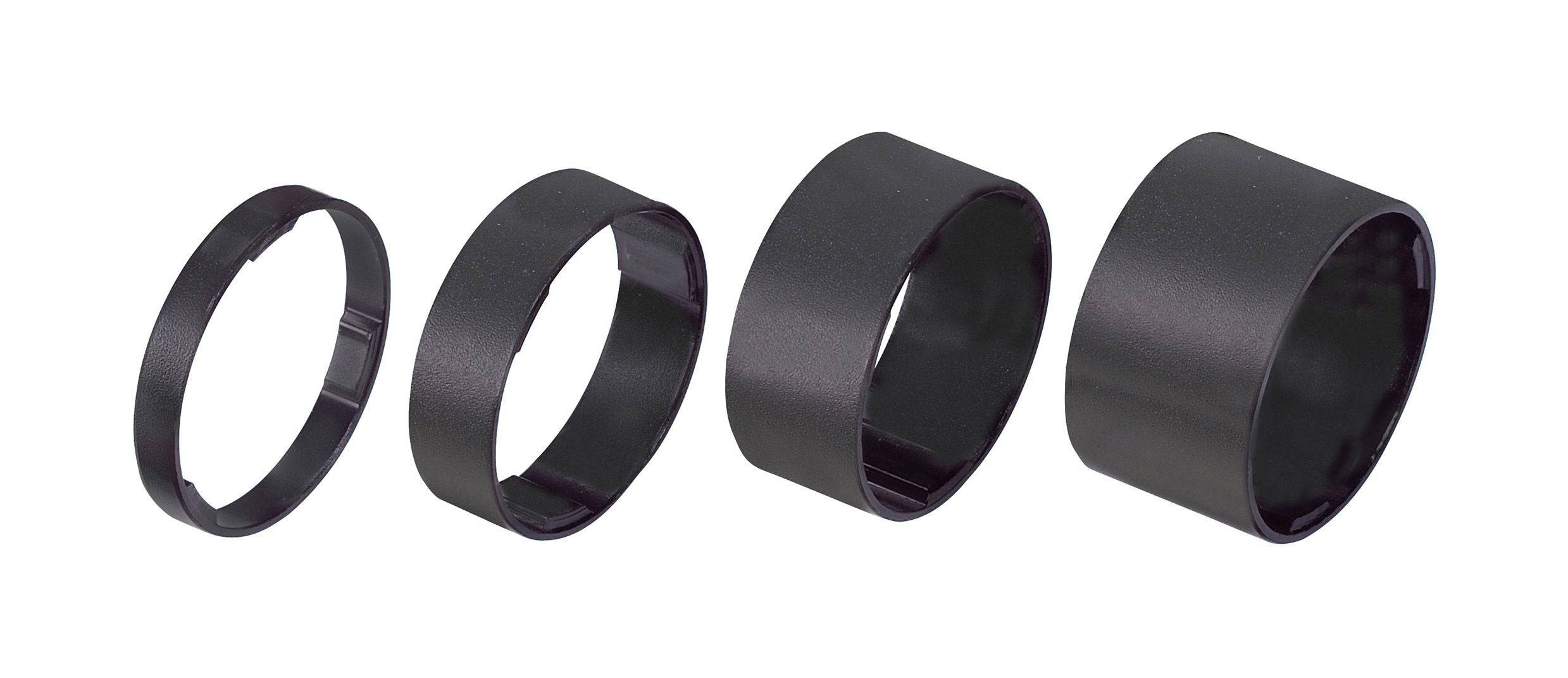 Black aluminum BBB BHP-36 LightSpace headset spacers set with 5, 10, 15, 20 mm sizes for bike components.