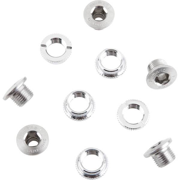 Shimano Dura-Ace Track chainring bolts set, M8 x 6mm, chrome finish, includes 5 bolts for bicycle component installation.