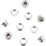Shimano Dura-Ace Track chainring bolts set, M8 x 6mm, chrome finish, includes 5 bolts for bicycle component installation.