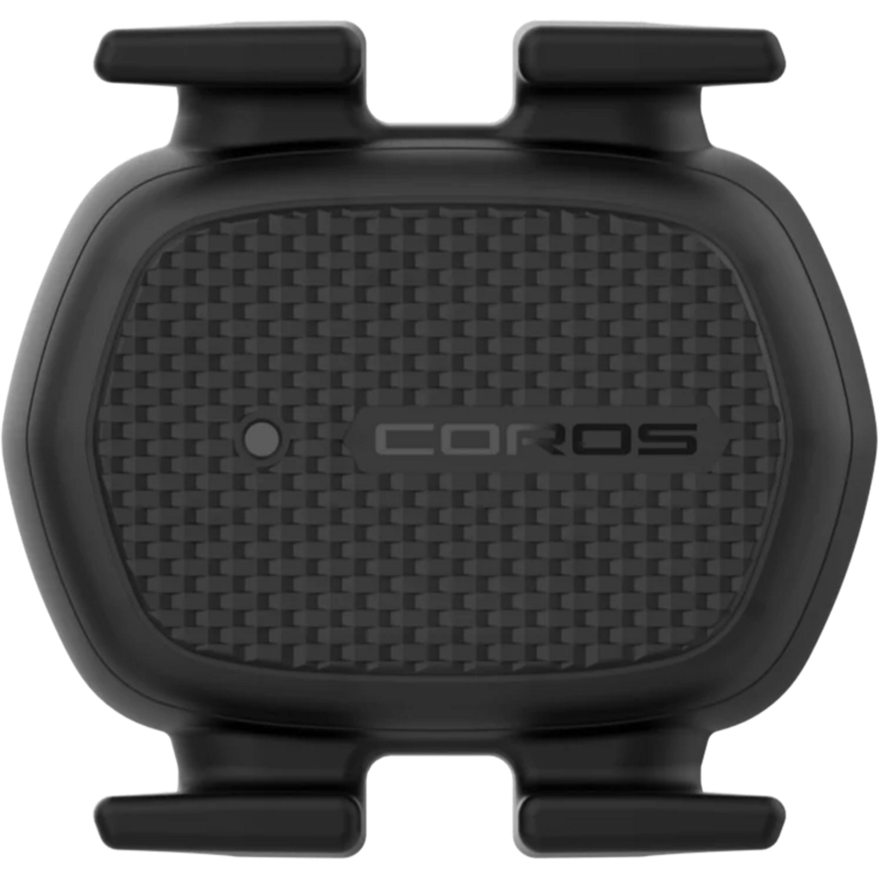 Coros Bike Cadence Sensor mounted on crank arm, Bluetooth-enabled, IP67 waterproof cycling accessory for accurate cadence tracking.