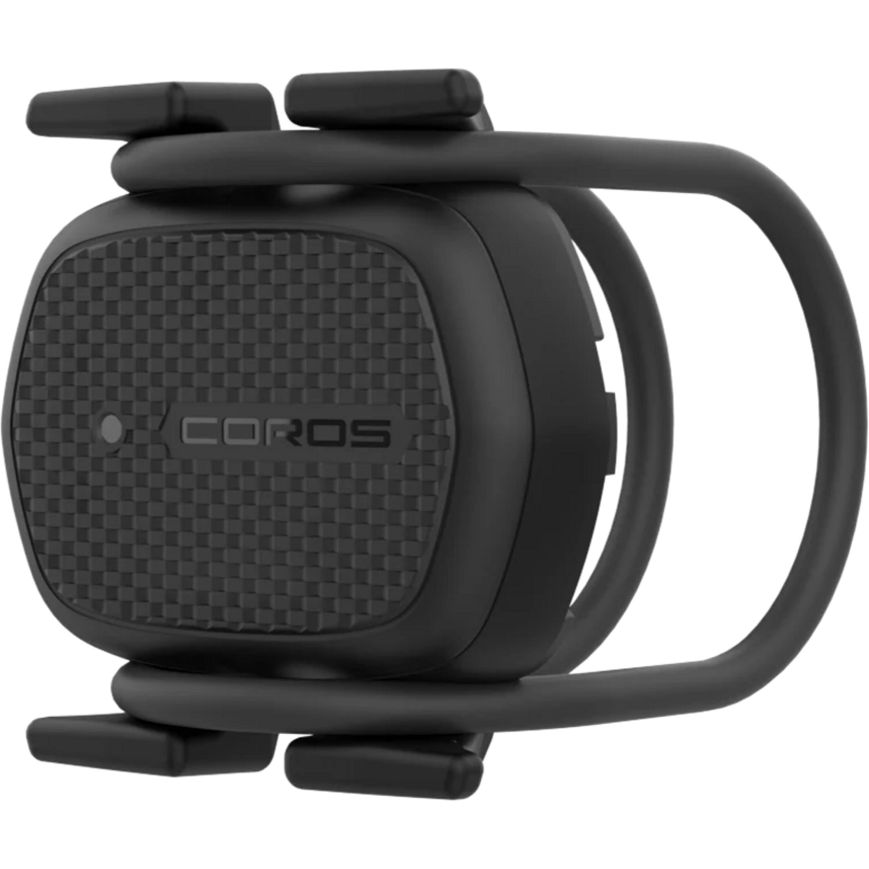 Coros Bike Cadence Sensor mounted on crank arm, Bluetooth-enabled cycling accessory with IP67 water resistance.