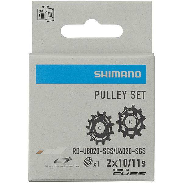 Shimano CUES RD-U8020 tension and guide pulley set for rear derailleur, component replacement, with metal and plastic parts.