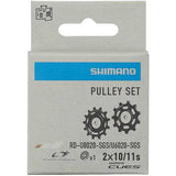 Shimano CUES RD-U8020 tension and guide pulley set for rear derailleur, component replacement, with metal and plastic parts.