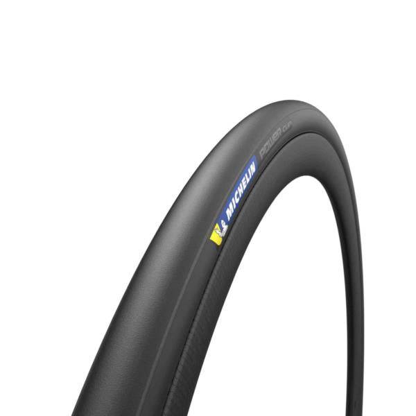 Michelin Power Cup tube-type high-performance road cycling tyre mounted on a wheel, showcasing its sleek black tread.