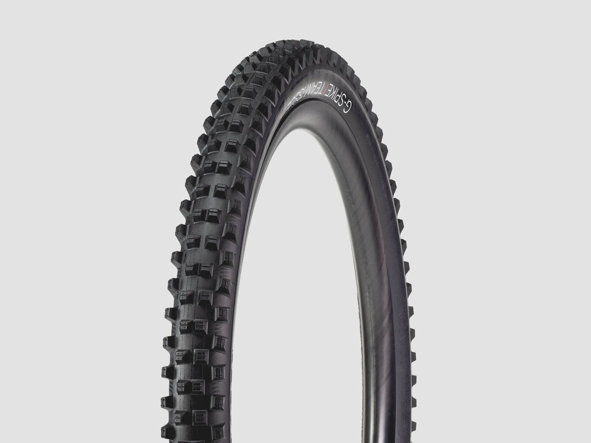 Bontrager G-Spike Team Issue 27.5-inch black downhill trail mountain bike tire with aggressive tread for off-road riding.