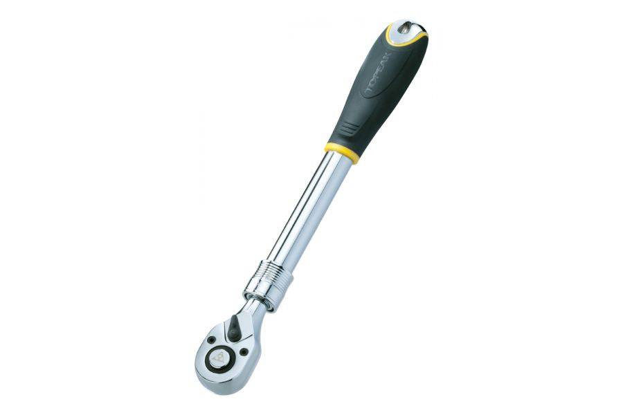 Topeak black and silver 1/2-inch extendable workshop ratchet tool with high-leverage mechanic design, shown in close-up.