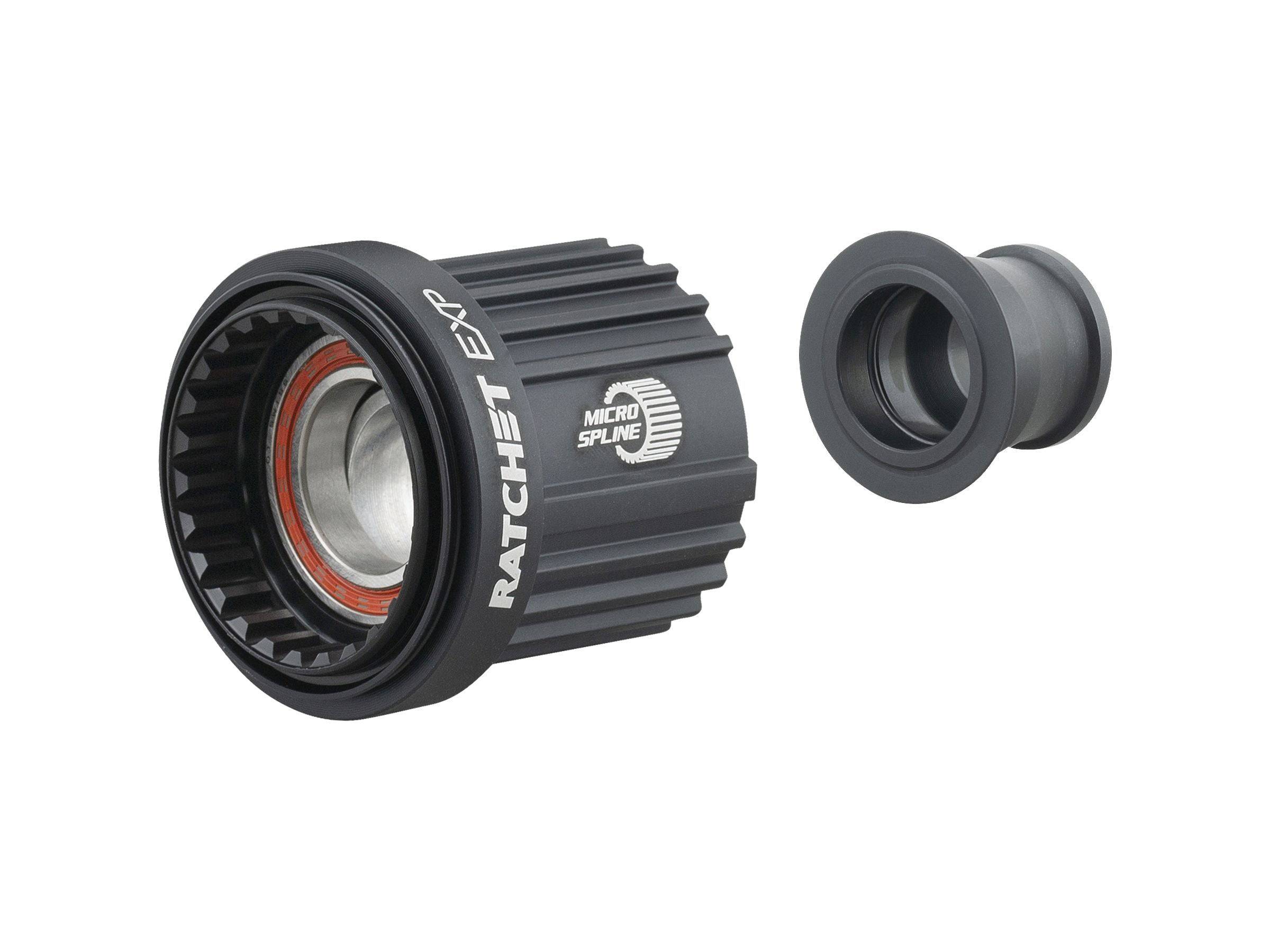 Black Bontrager Ratchet EXP Shimano Micro Spline freehub for 142/148mm hubs, showcasing the durable component with precise design.
