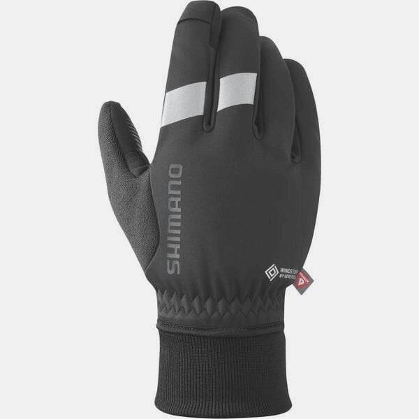 Shimano Unisex WINDSTOPPER® Primaloft® gloves showing insulated, windproof material and touchscreen fingertips.