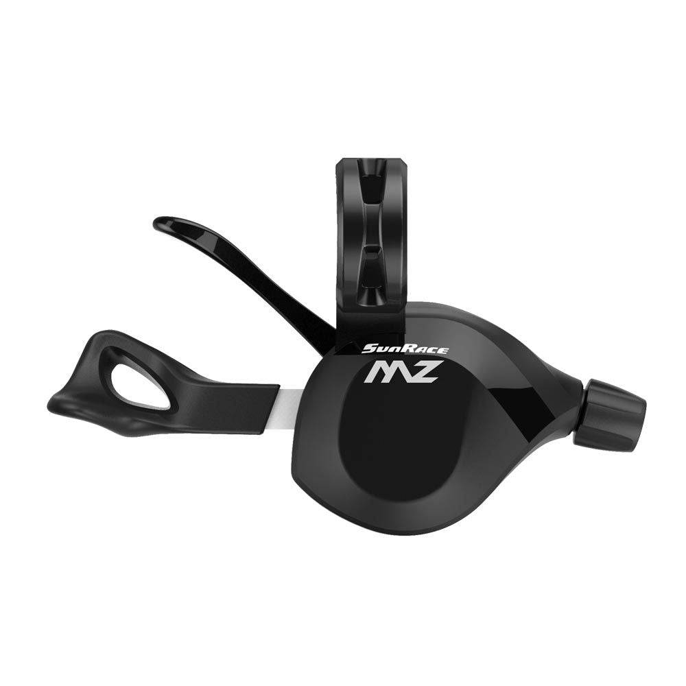 SunRace Dlmz3Nx R12 dual lever mountain bike shifters for 12-speed MTB, showing the shiny black components with gear indicators