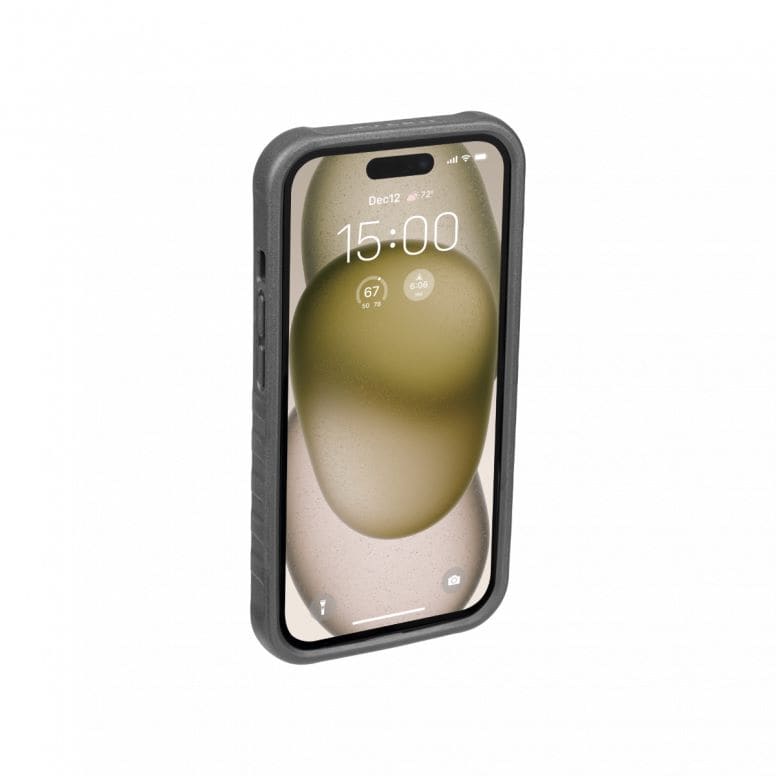 Topeak iPhone 15 RideCase Black bike mount case with adjustable stand, designed for secure cycling accessory use.