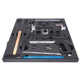 UNIOR workshop frame and fork tool set in blue tray with cutting and alignment tools for 2600C bicycles.
