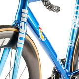Cinelli Vigorelli alloy blue track frame with Columbus Futura SL carbon fork, suitable for racing and urban cycling.