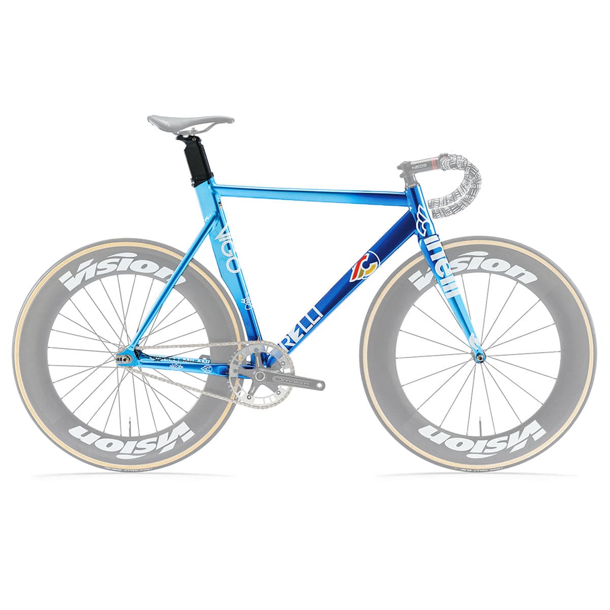 Cinelli Vigorelli alloy blue track frame with Columbus Futura SL carbon fork, suitable for racing and urban cycling.