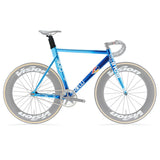 Cinelli Vigorelli alloy blue track frame with Columbus Futura SL carbon fork, suitable for racing and urban cycling.