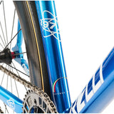 Cinelli Vigorelli alloy blue track frame with Columbus Futura SL carbon fork, designed for racing and urban riding.