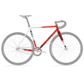 Red Cinelli Vigorelli Steel track frame with Columbus Carbon Futura fork for fixed gear cycling, showing sleek frame and fork details.