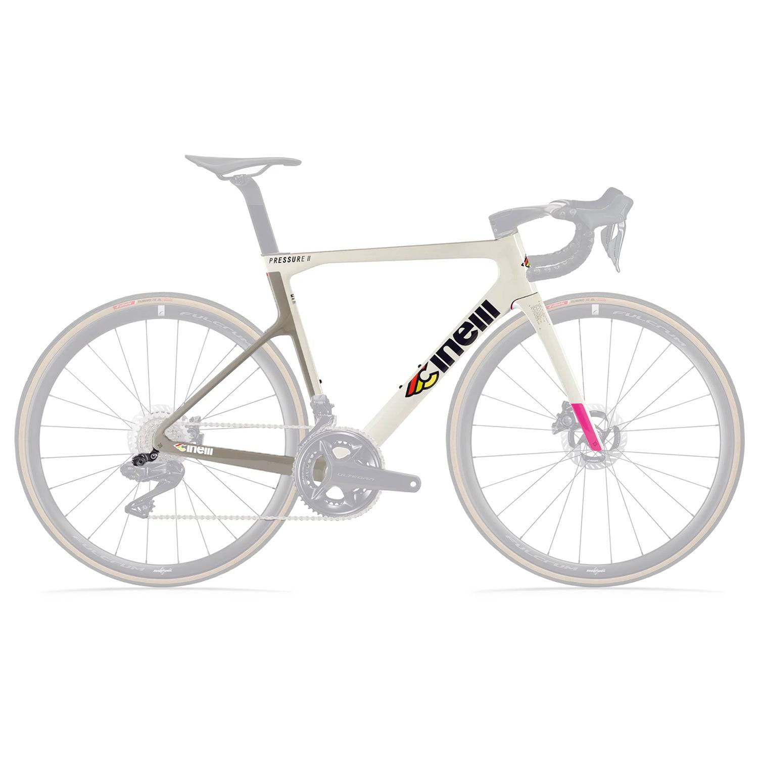 Cinelli Pressure II Chalk Grey aerodynamic road bike frameset with internal cable routing, lightweight carbon components for performance cycling.