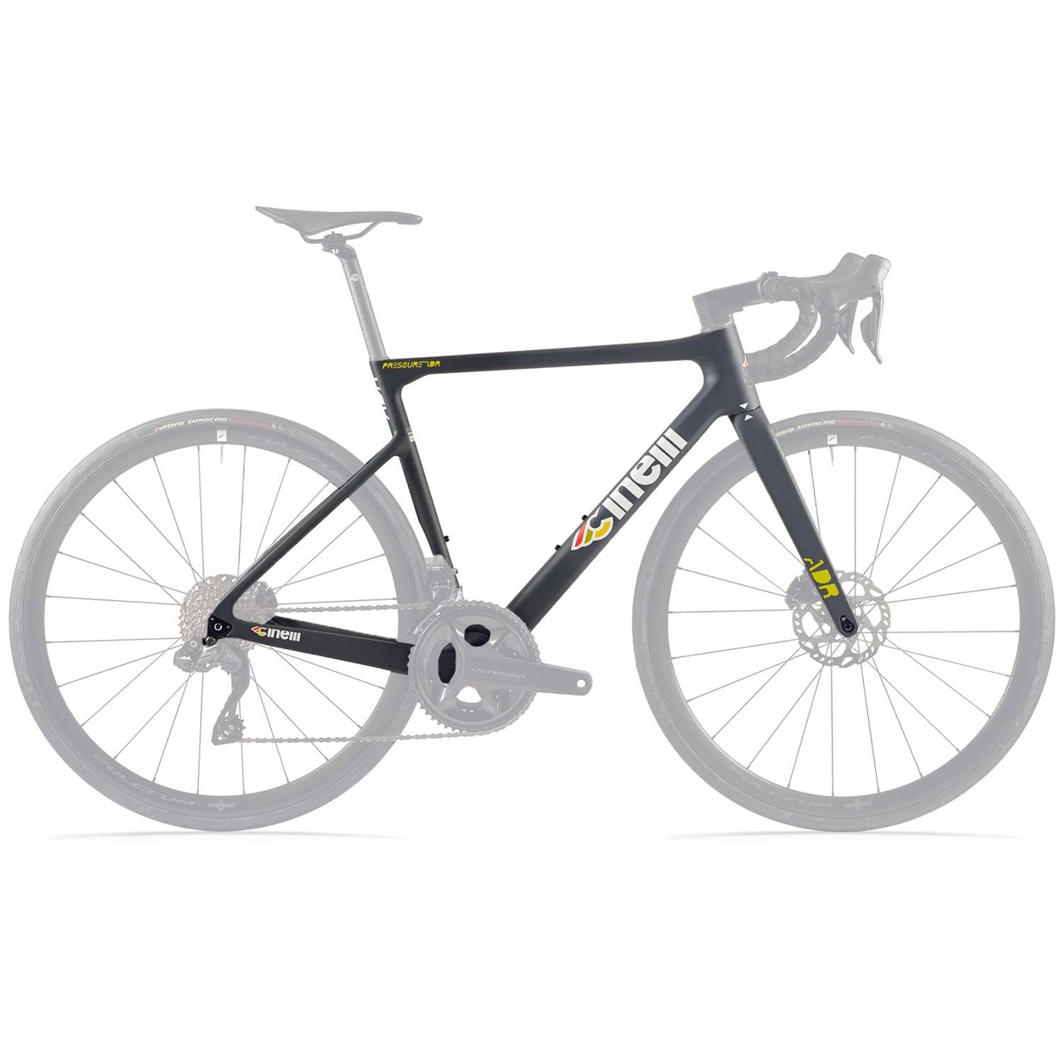 Cinelli Pressure ADR grey road racing frameset with disc brake compatibility, lightweight carbon components, and sleek design.