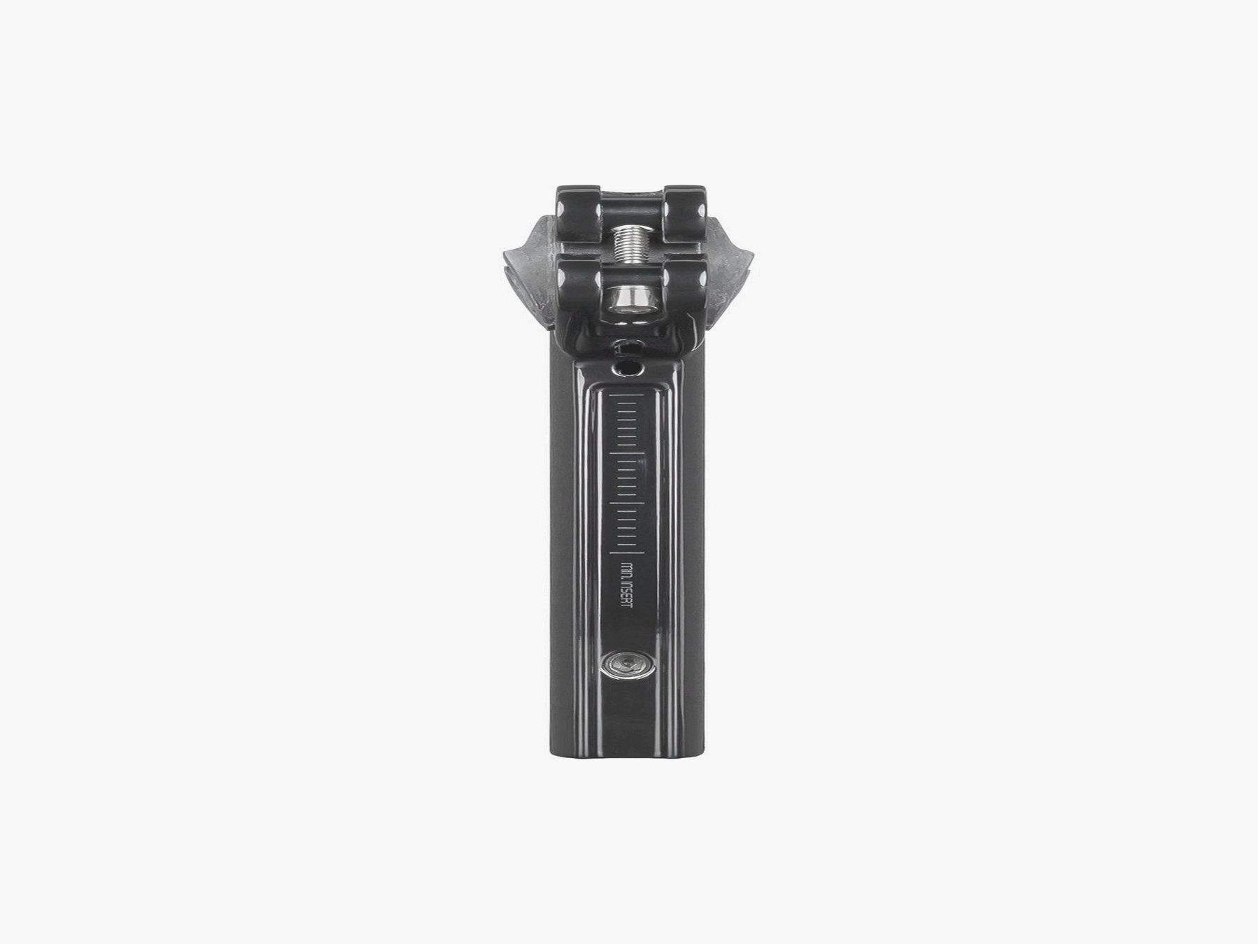 Trek Domane+ HP matte black adjustable bike seatpost, close-up view showing sleek design and clamp mechanism.