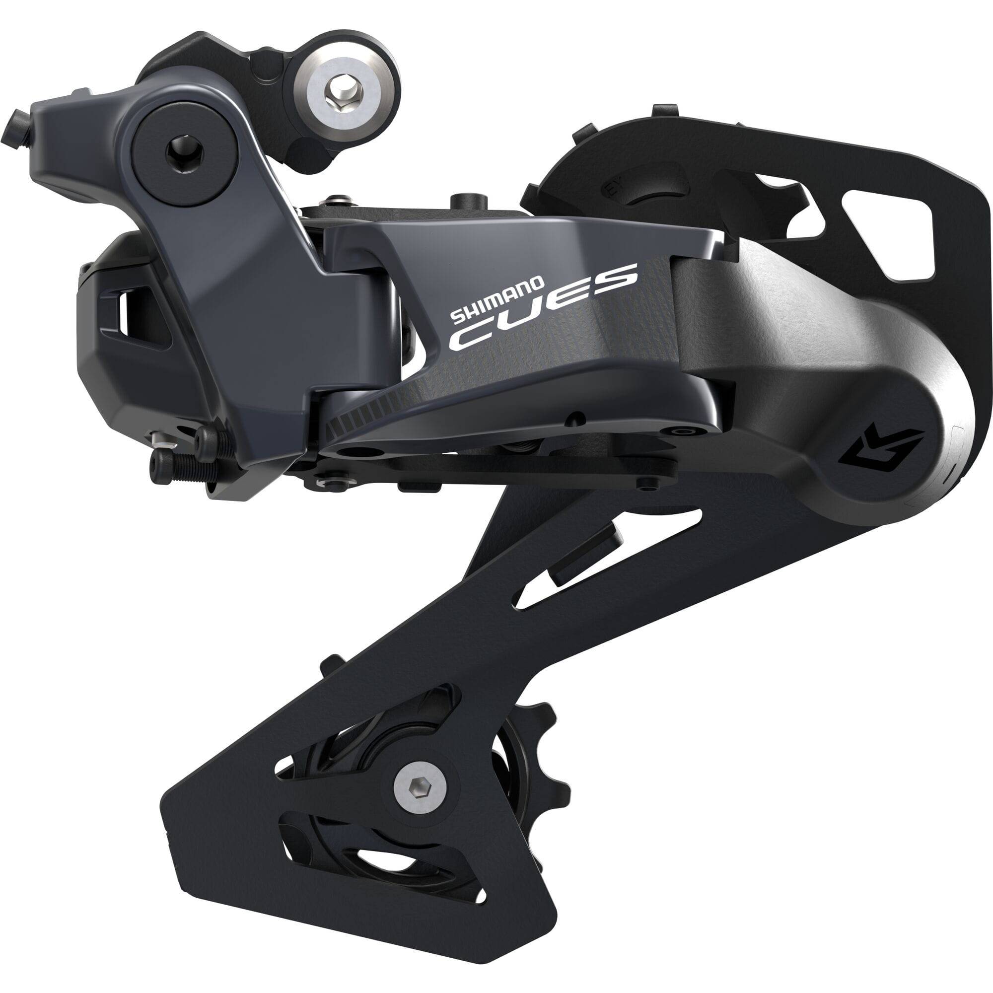 Shimano CUES RD-U8050 10-speed rear derailleur with medium cage for MTB, Shadow Di2 design, showcasing the component's sleek build.