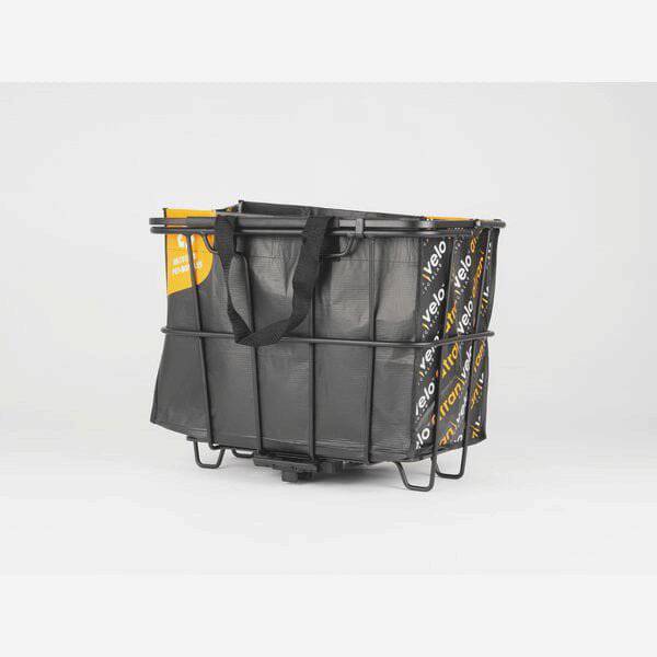 AtranVelo GROCERY AVS bike basket with removable 40L bag attached to a bike rack, showcasing its durable design and spacious storage.