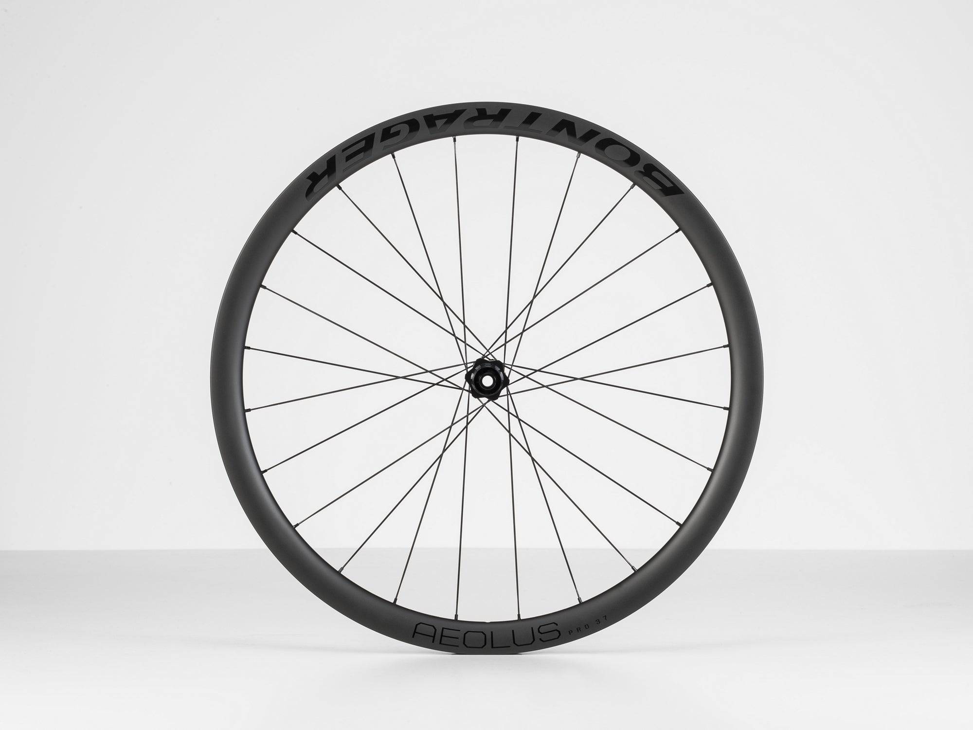 Bontrager Aeolus Pro 37 TLR disc road wheel with tubeless setup and DT Swiss 350 hubs, lightweight cycling component.